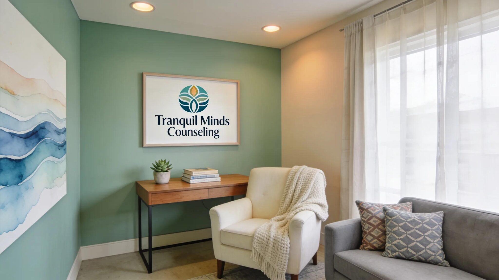 Calm and inviting therapist office interior reflecting professional design and branding