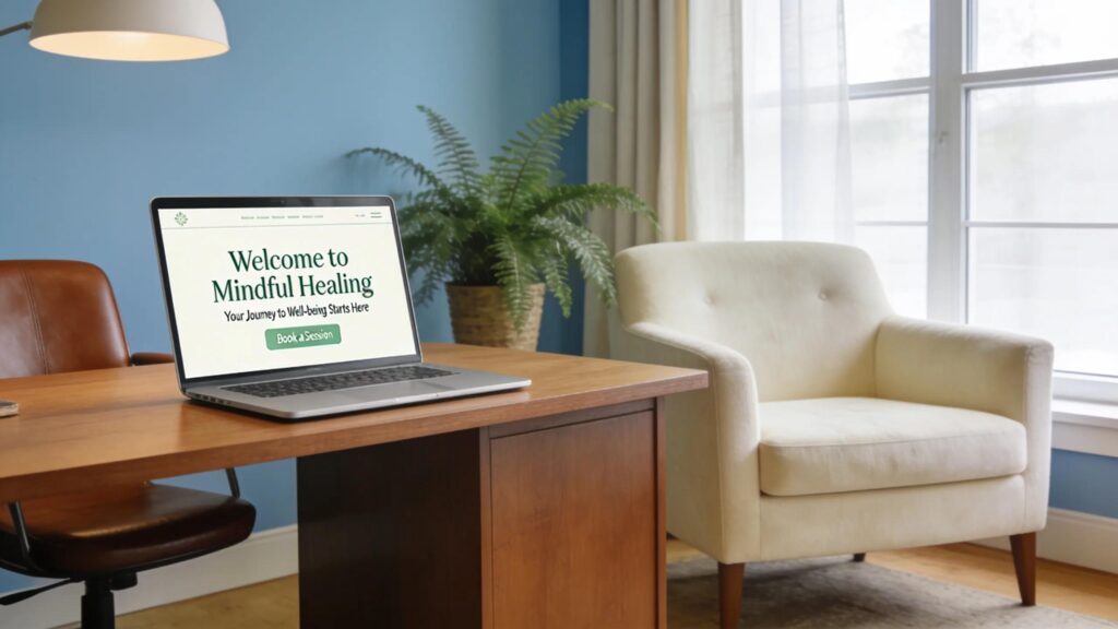 Therapist's office showcasing a professional website on a laptop, emphasizing a calm and inviting atmosphere
