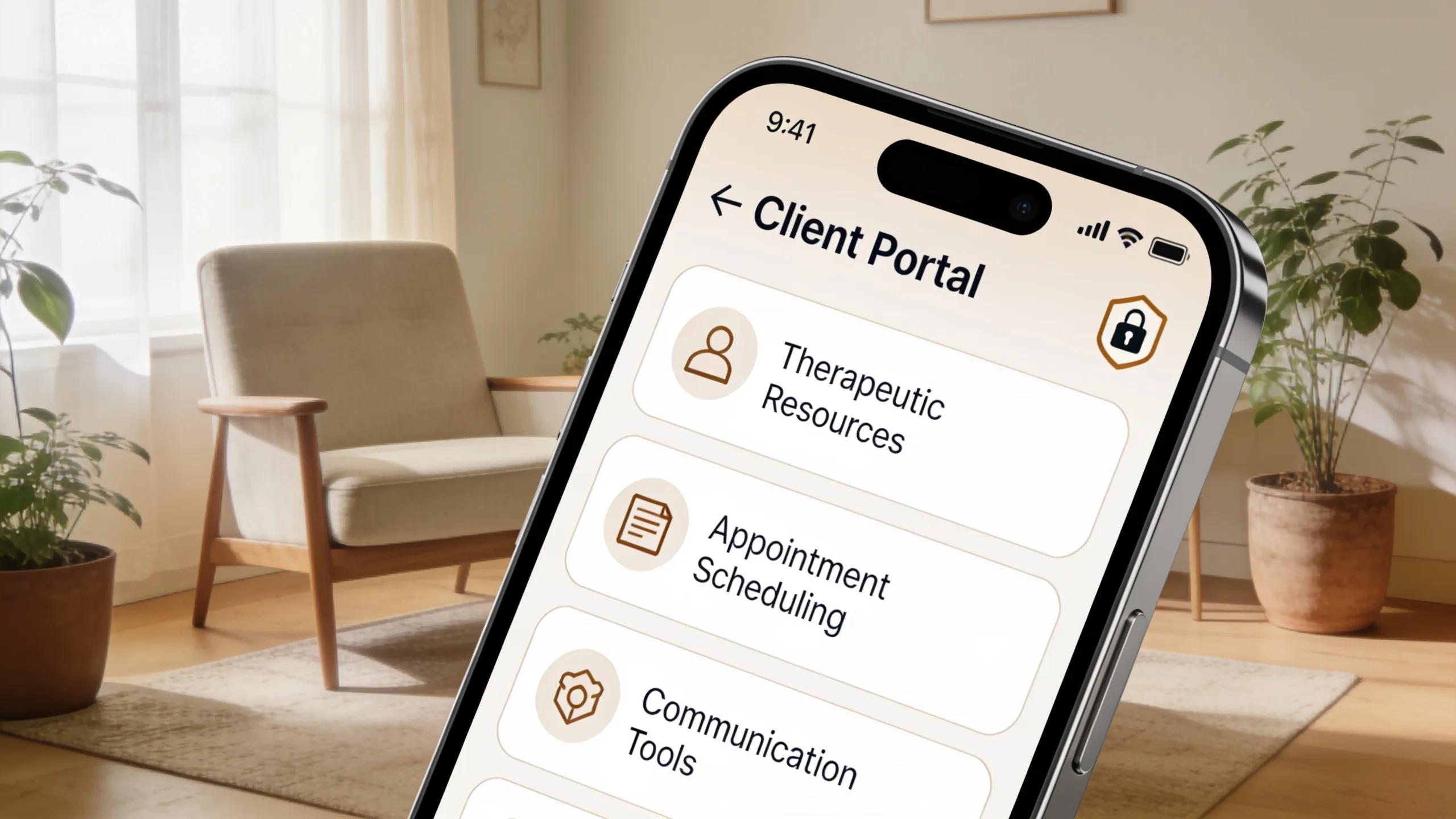 Smartphone displaying an encrypted client portal for mental health services, emphasizing patient retention