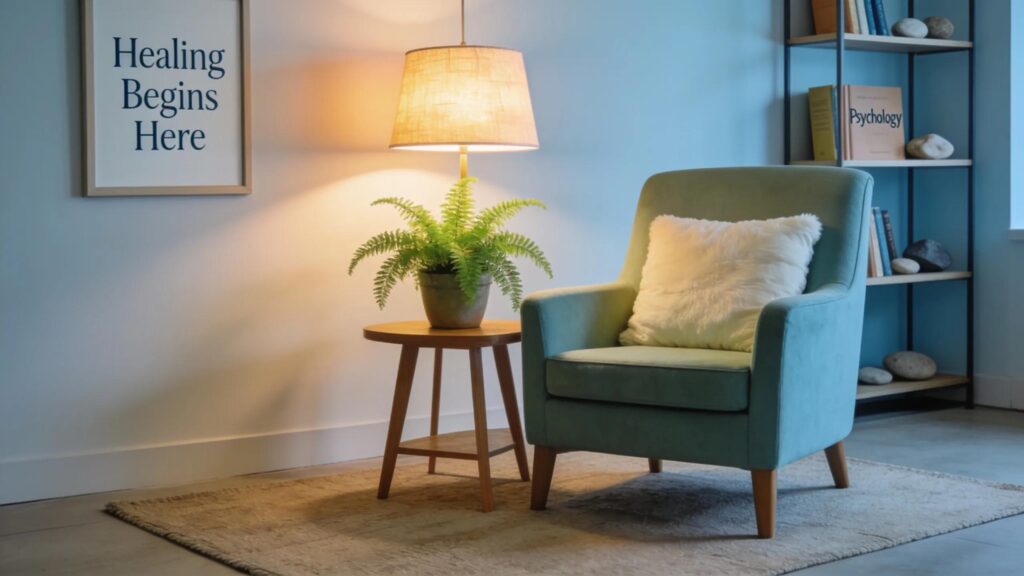 Inviting therapy office space with calming colors and comfortable furnishings
