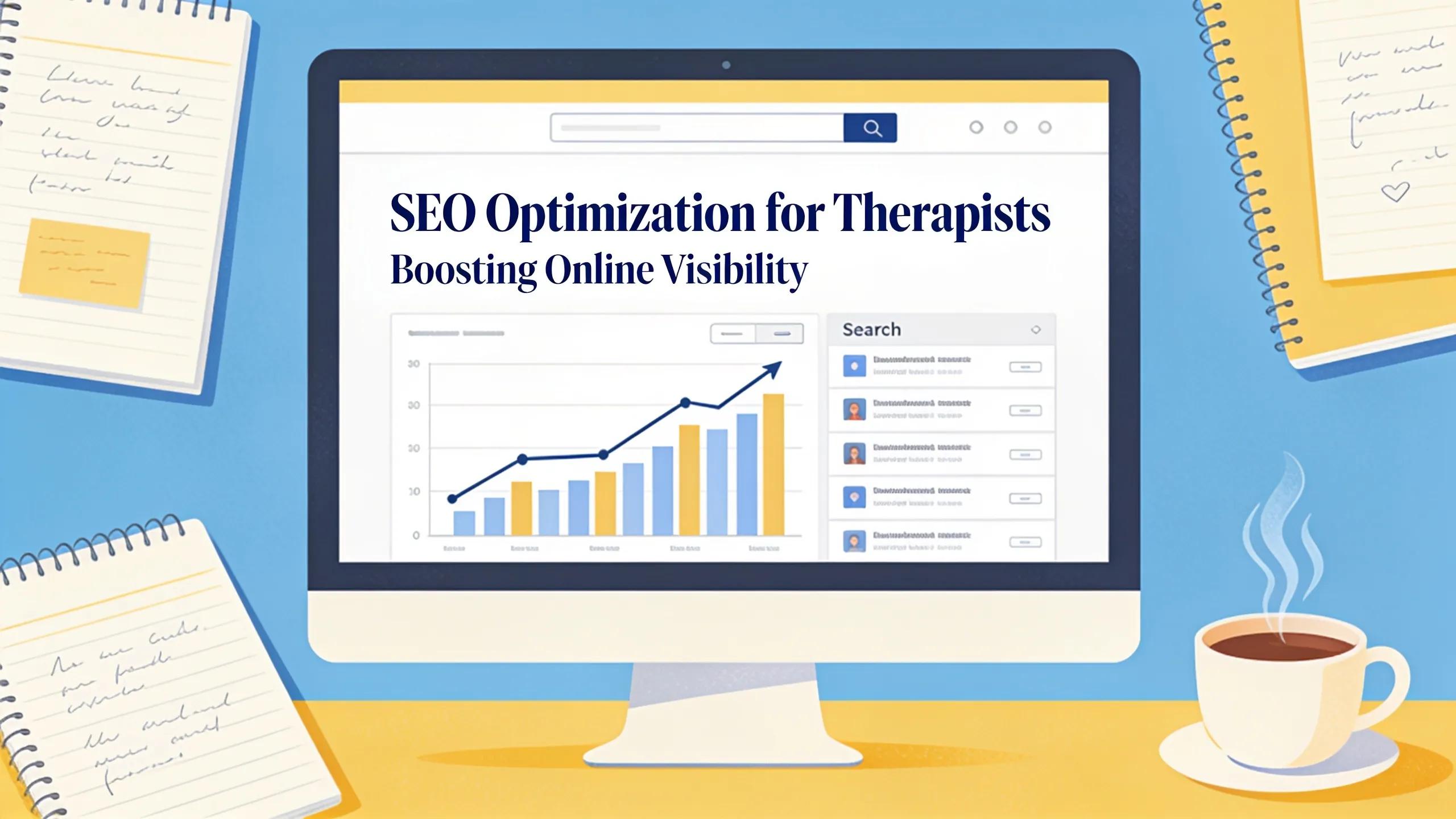 Illustration of SEO optimization benefits for therapists with growth graphs on a computer screen