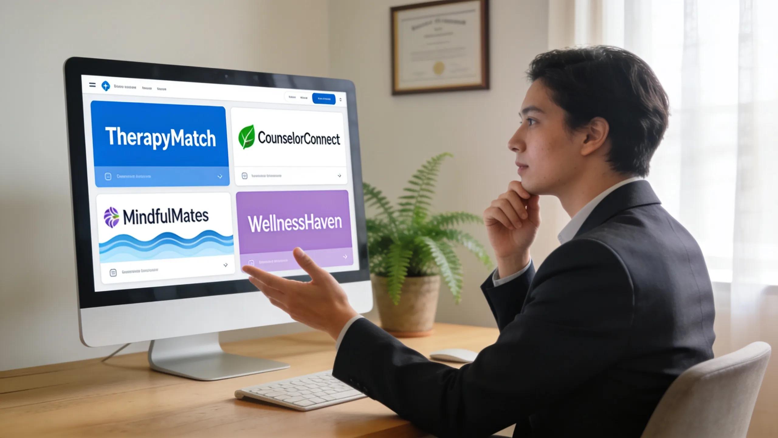 Therapist analyzing various online therapy directory platforms in a modern office