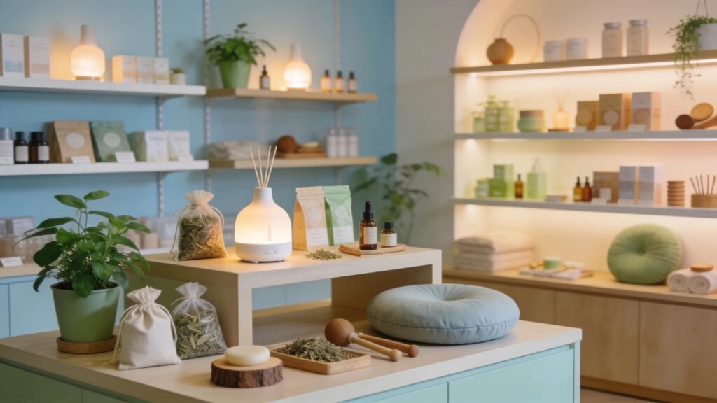 Welcoming therapy product store displaying an array of calming and professional therapy goods