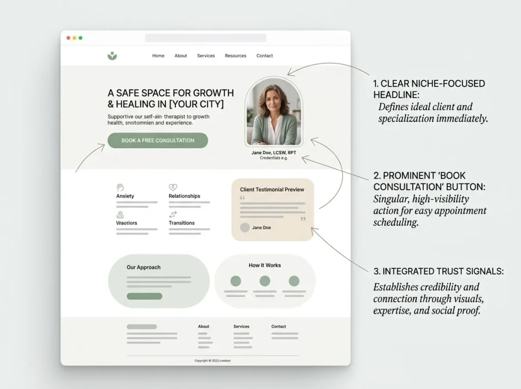 Annotated therapist website homepage wireframe marking the niche headline, booking button, and trust signal placements.