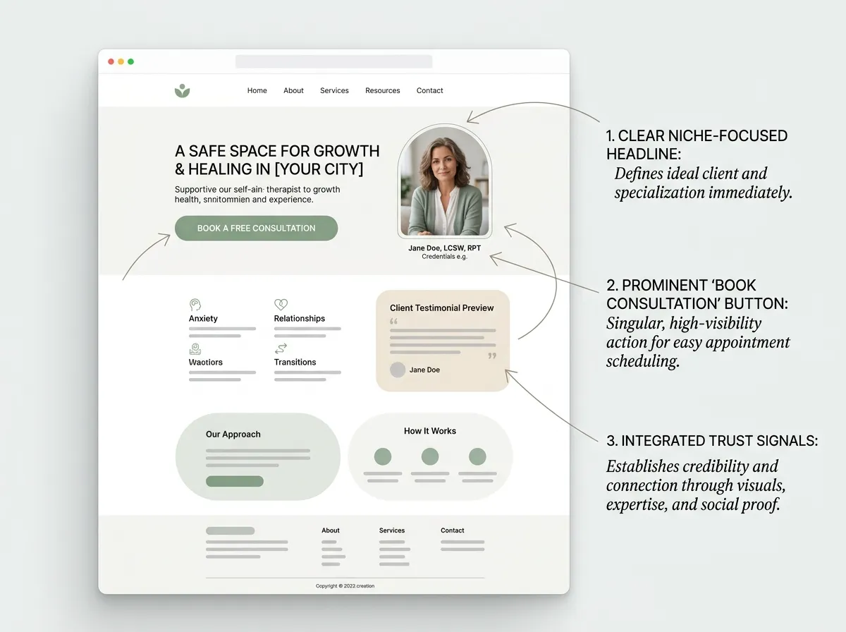 Annotated therapist website homepage wireframe marking the niche headline, booking button, and trust signal placements.