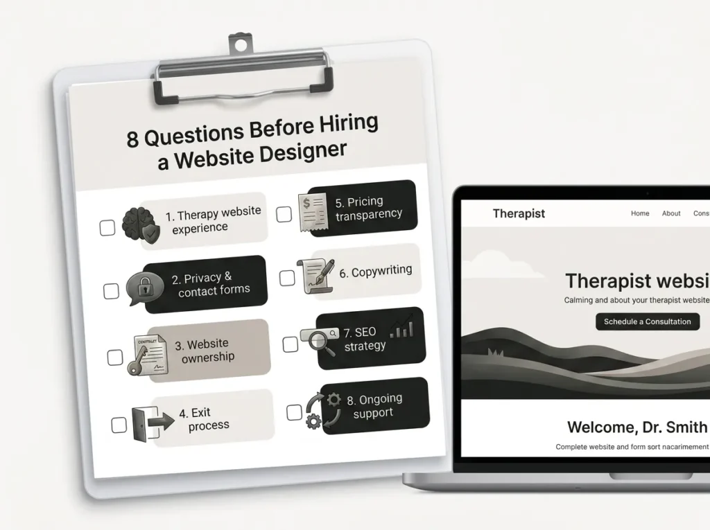 Checklist of eight questions to ask before hiring a website designer for therapists