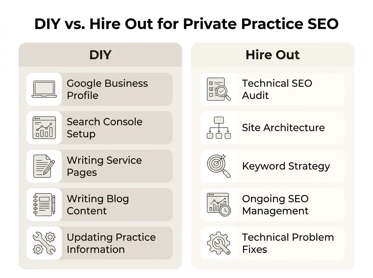 Which private practice SEO tasks to DIY and which to hire out.