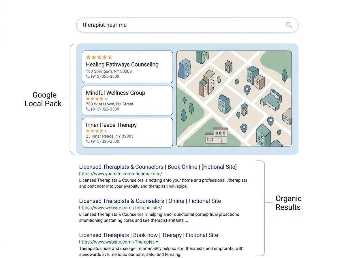 Google search results page illustration for "therapist near me" showing local pack and organic listings