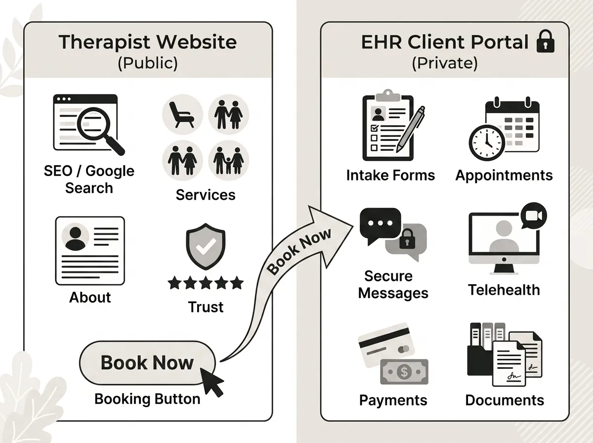 Diagram showing how a therapist website and EHR client portal divide responsibilities
