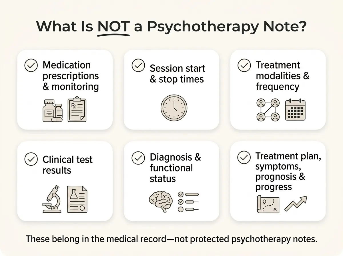 List of items HIPAA excludes from psychotherapy notes.