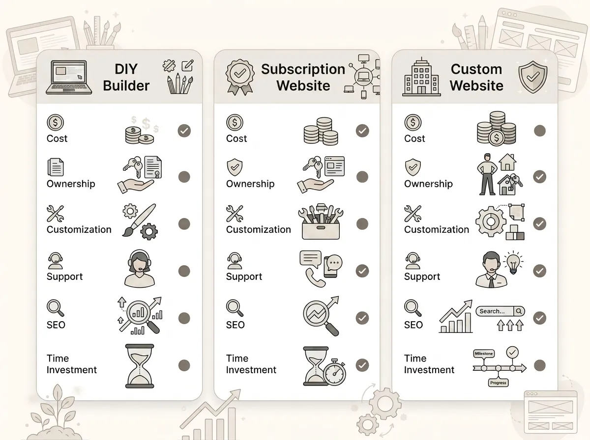 Comparison of DIY builder, subscription site, and custom therapist website cost models