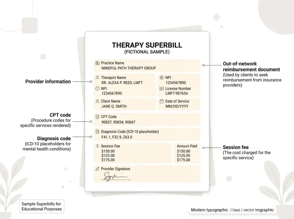 Example therapy superbill showing the fields needed for out-of-network reimbursement.
