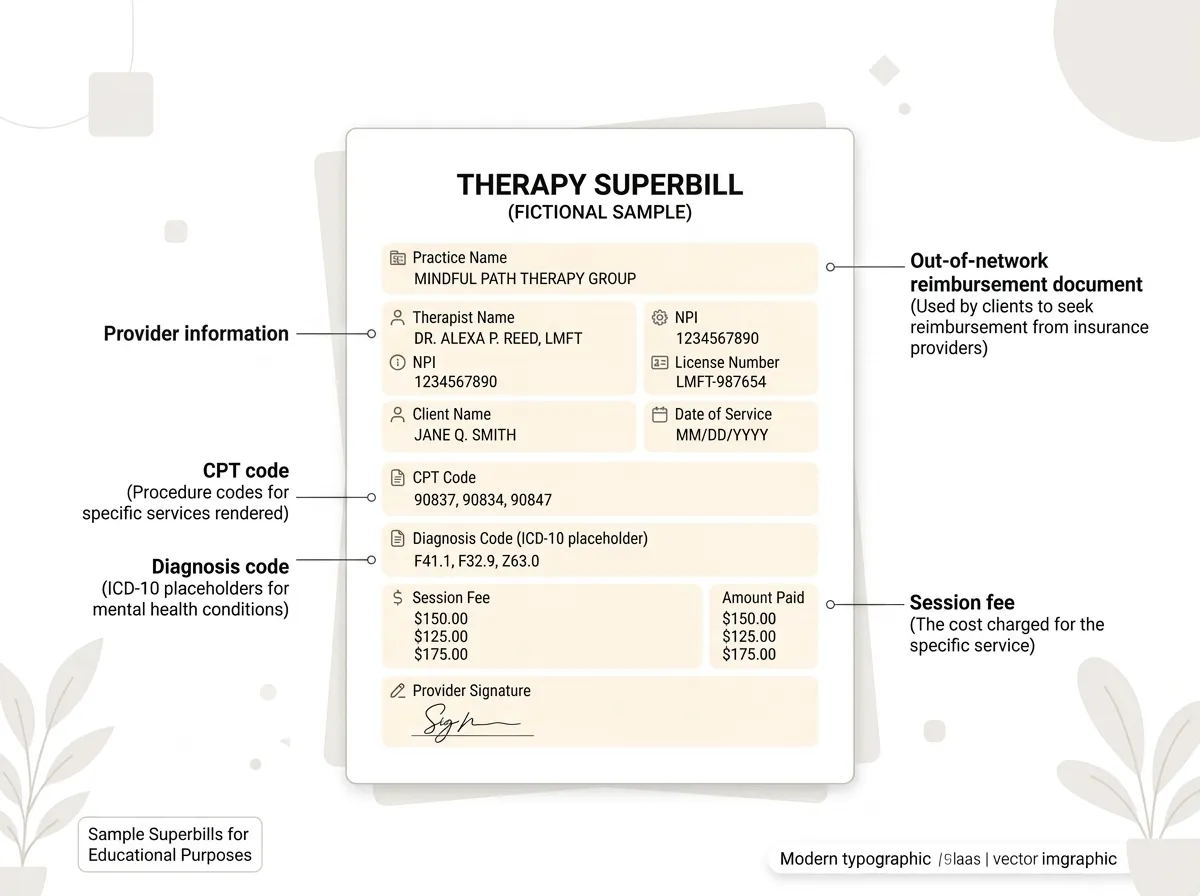 Therapy superbill example illustrating out-of-network reimbursement document details for private-pay clients.