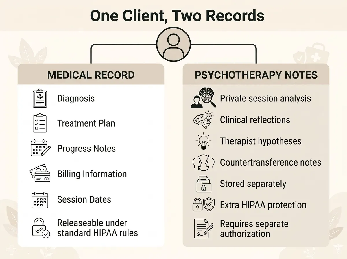 Diagram showing how psychotherapy electronic medical records separate the chart from psychotherapy notes.