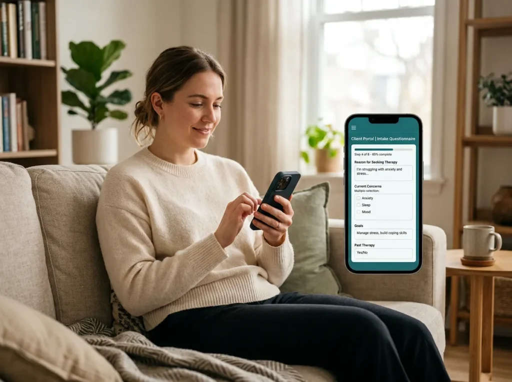 Client completing therapy intake forms through an EHR client portal on a phone