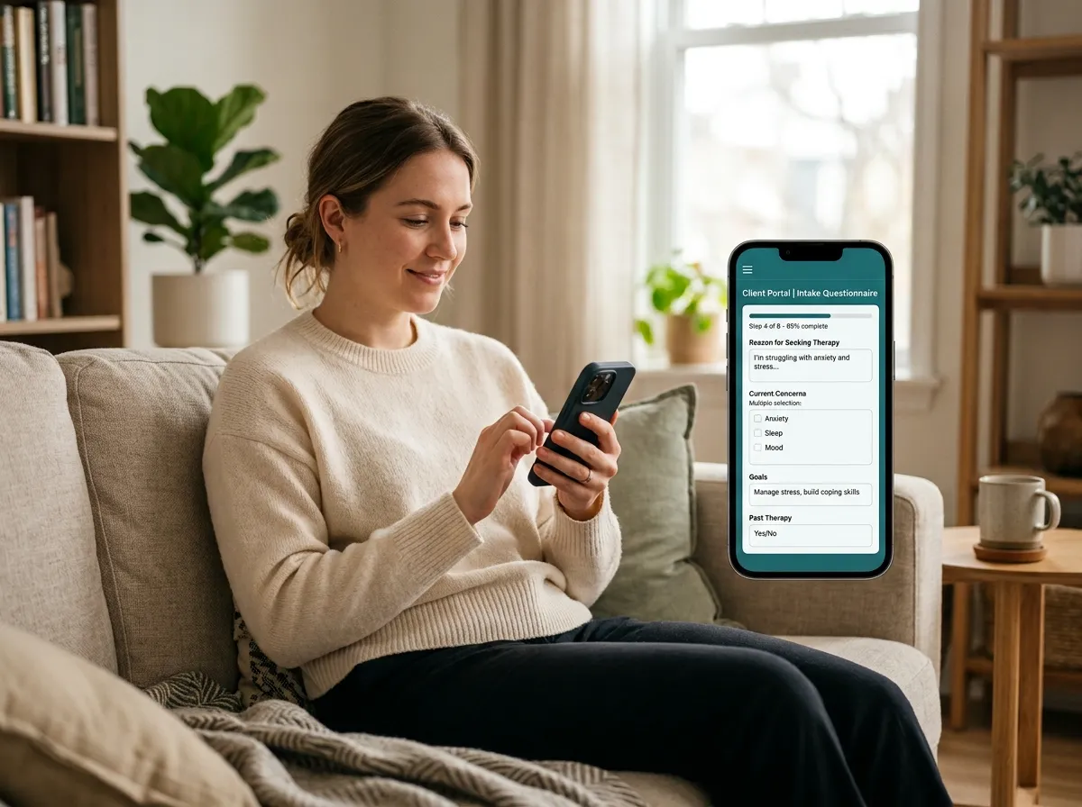 Client completing therapy forms on EHR portal mobile app, streamlining intake process.