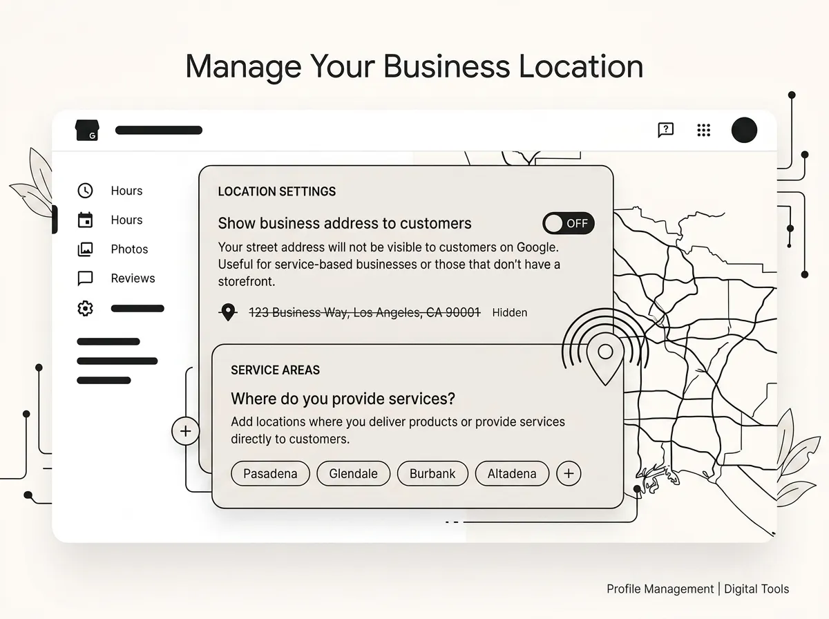 Google Business Profile service-area settings with street address hidden.