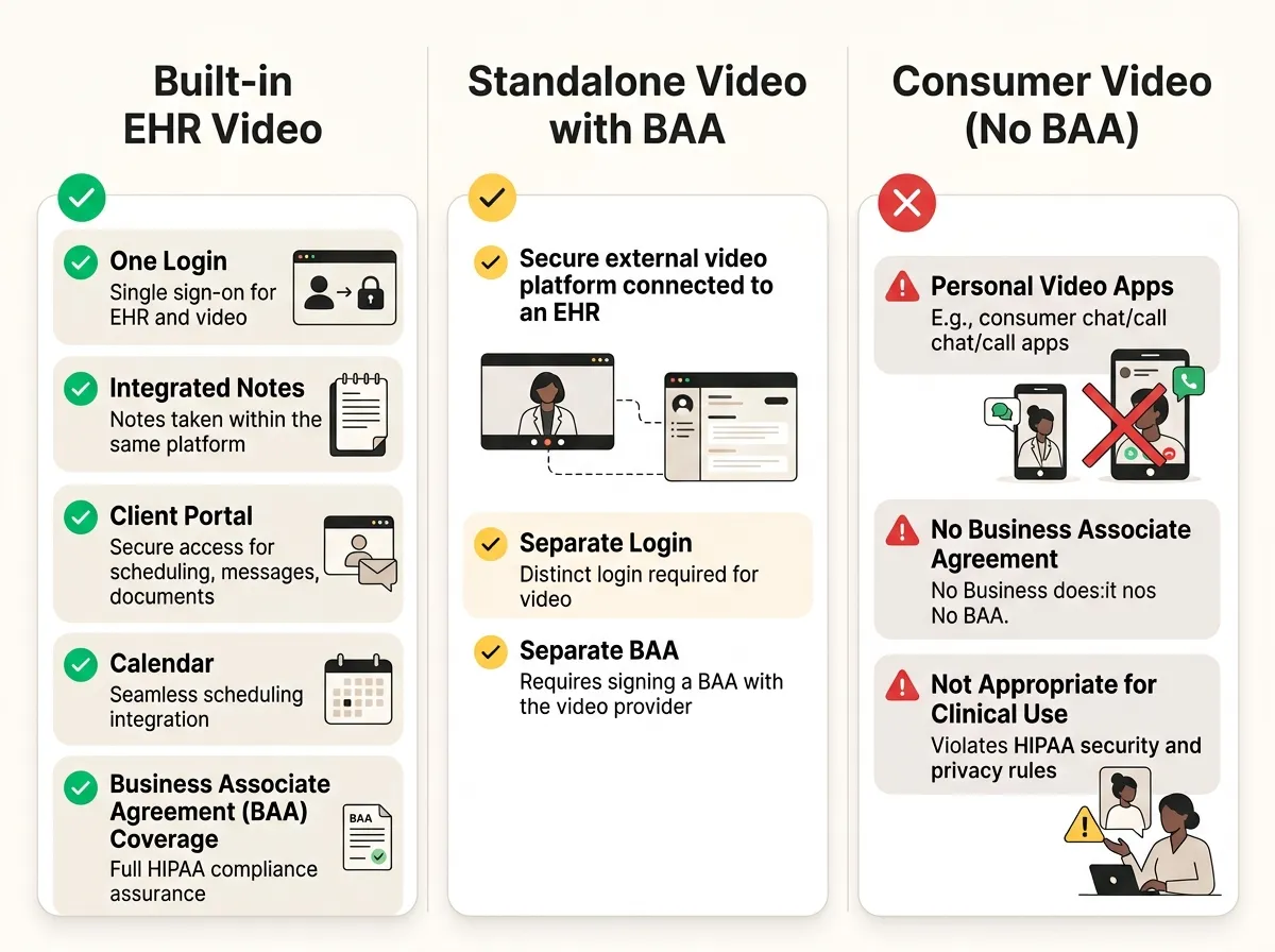 Three telehealth setups for therapists compared by BAA coverage.