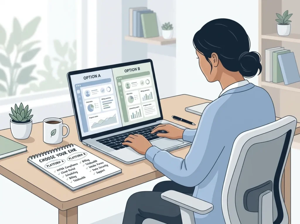 Therapist comparing therapy EHR options with a written shortlist.