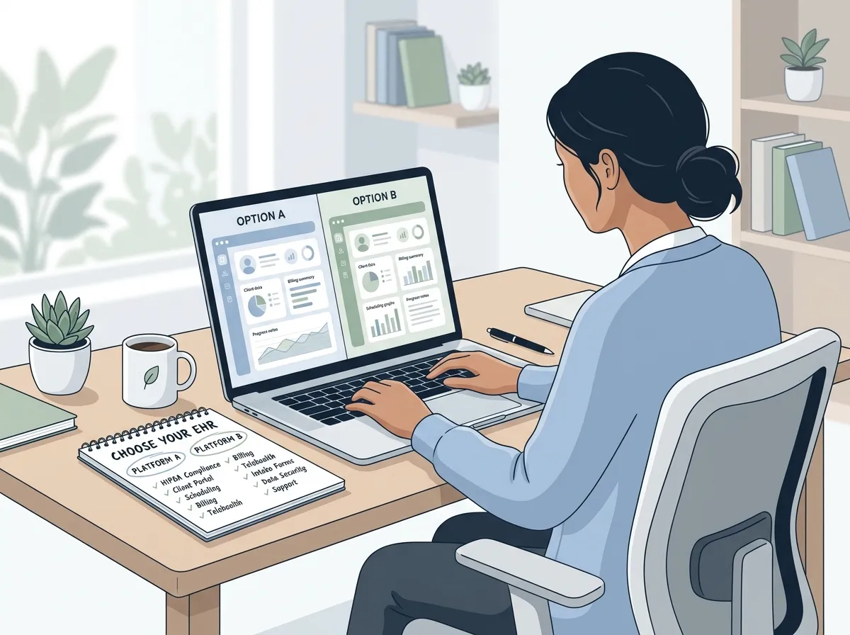 Therapist comparing therapy EHR options with a written shortlist.