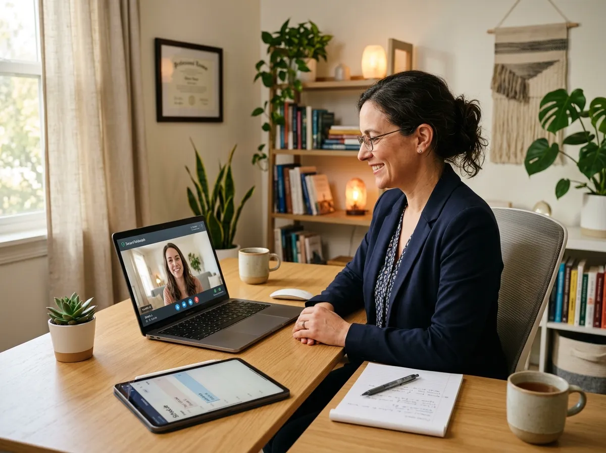 Therapist running a video session through a telehealth EHR.