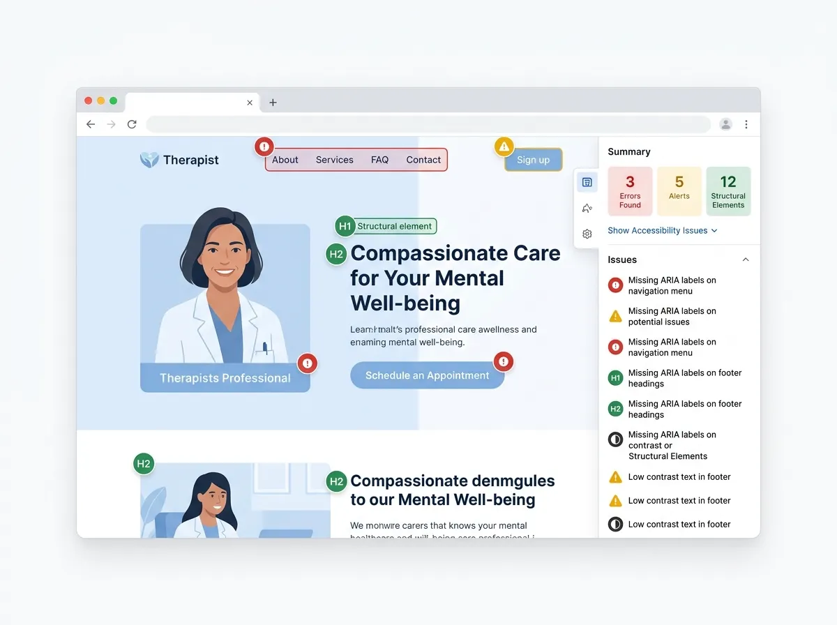 WAVE WCAG compliance tool flagging errors on a therapist website.