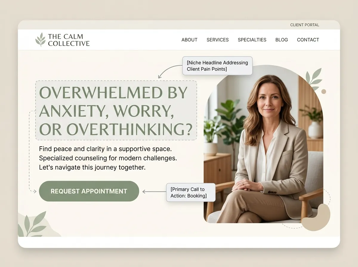 Steady Mind homepage first screen naming anxiety, worry, and overthinking beside a Request Appointment button.