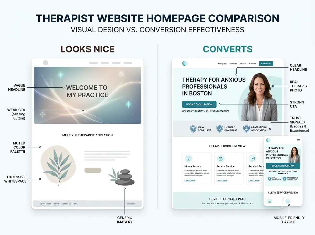 Side-by-side therapy website homepages comparing decorative design with conversion-focused therapist web design.
