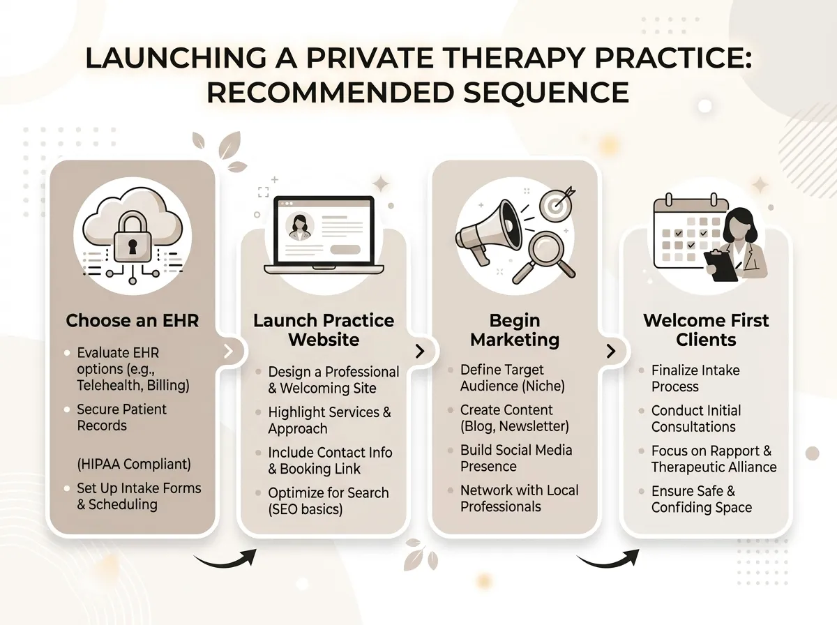 Launch sequencing timeline for a new therapy practice: EHR and website.