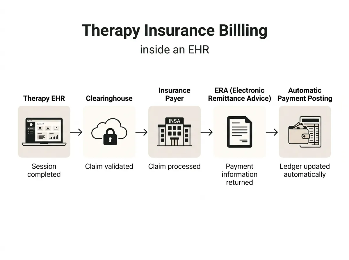 How a therapy EHR submits claims through a clearinghouse and posts ERA payments.