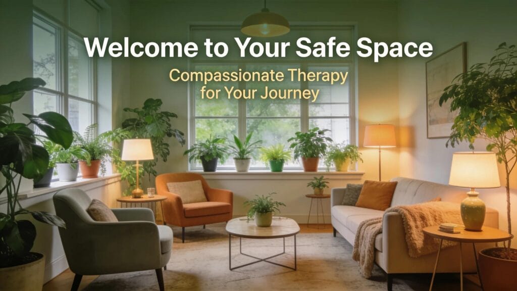 Welcoming therapy office with plants and seating representing professional therapy environment