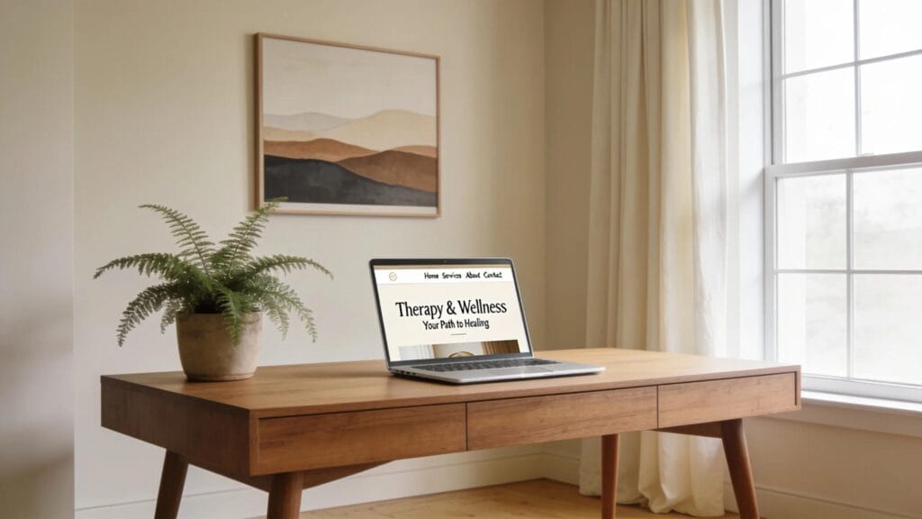 Therapist's office with a laptop displaying a beautifully designed website, embodying the theme of private practice web design