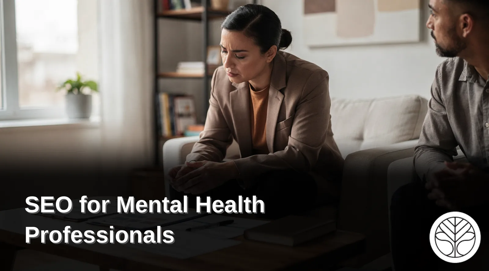 Therapist and client discussing mental health, SEO for mental health professionals.