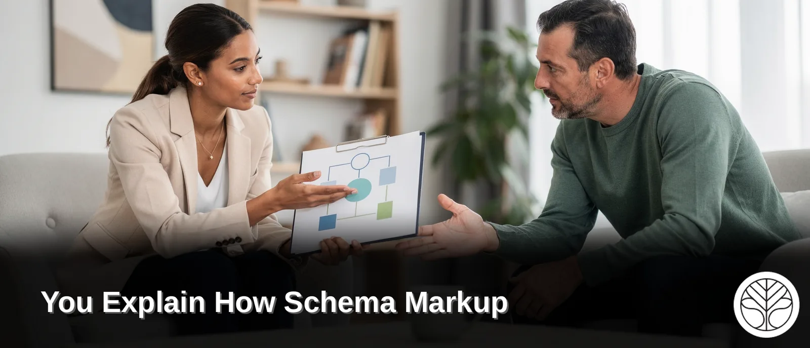 Therapist and client discussing schema markup benefits for search visibility and local SEO.