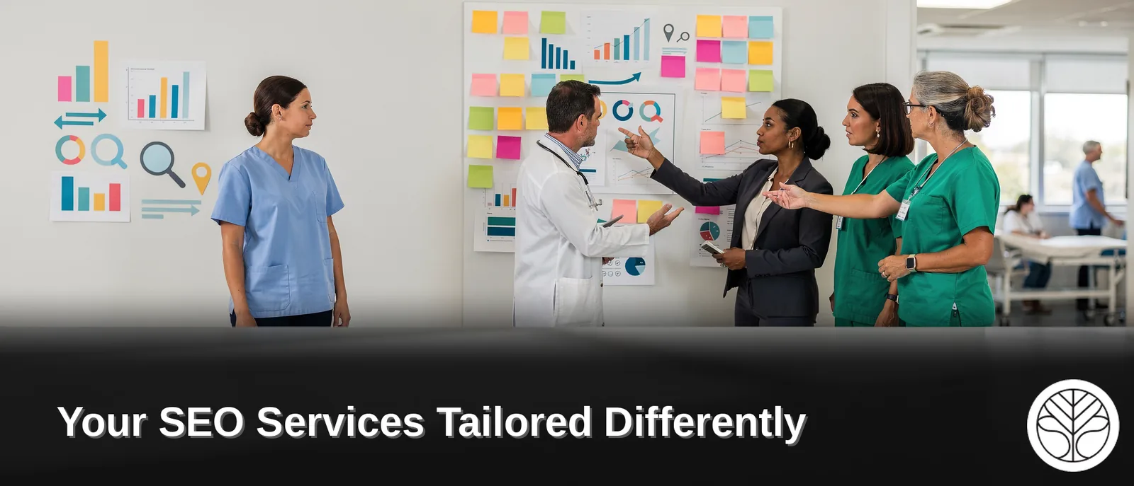 Healthcare professionals discussing SEO strategies and clinic growth, whiteboard with charts and data visualizations.