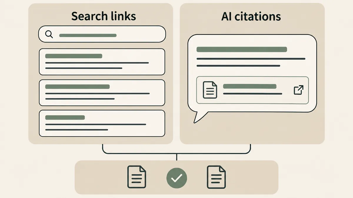 Search result cards and an AI answer citation share a content foundation, comparing SEO and AI search visibility.