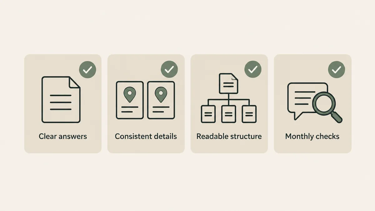 Four checked cards show clear answers, consistent details, readable structure and monthly checks for AI search readiness.