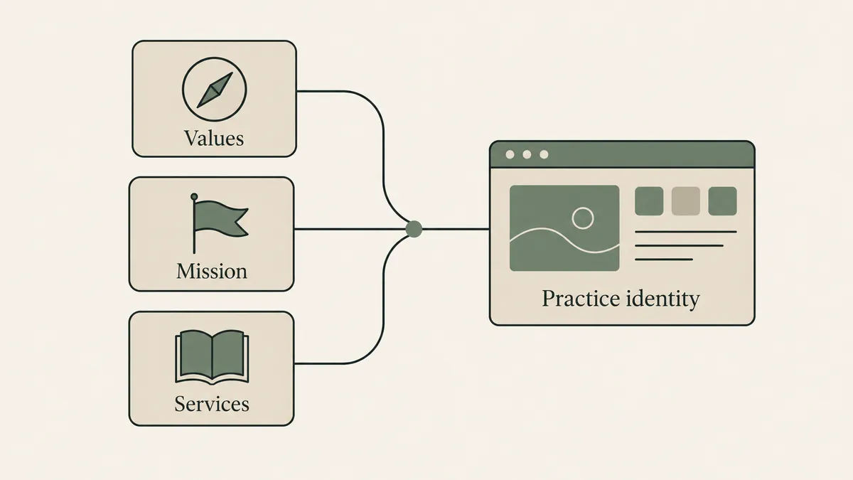 Values, mission and services converge into a website identity, showing the foundations of therapy practice branding.