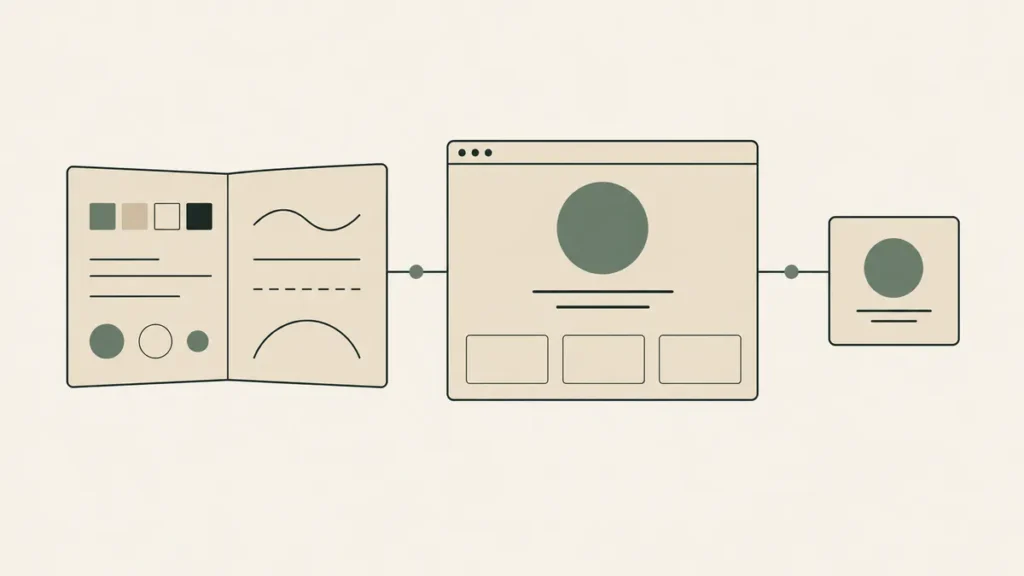 A brand guide, website and identity card share colors and shapes, illustrating cohesive therapy practice branding.