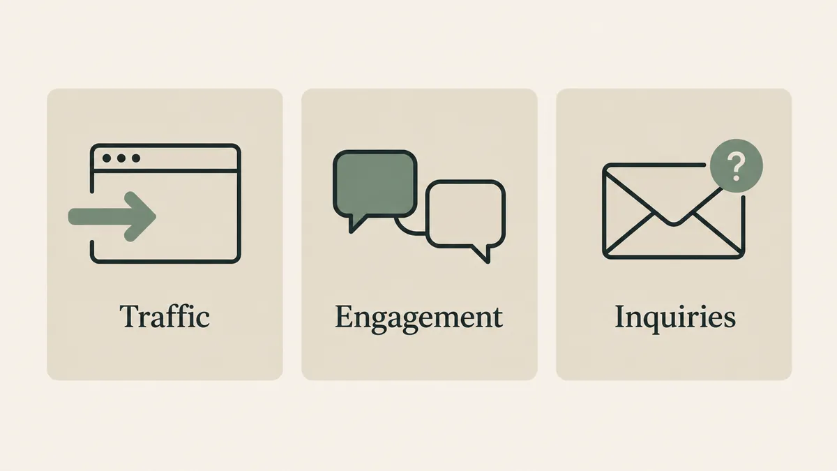 Three panels show traffic, engagement and inquiries as measures of therapy practice branding effectiveness.