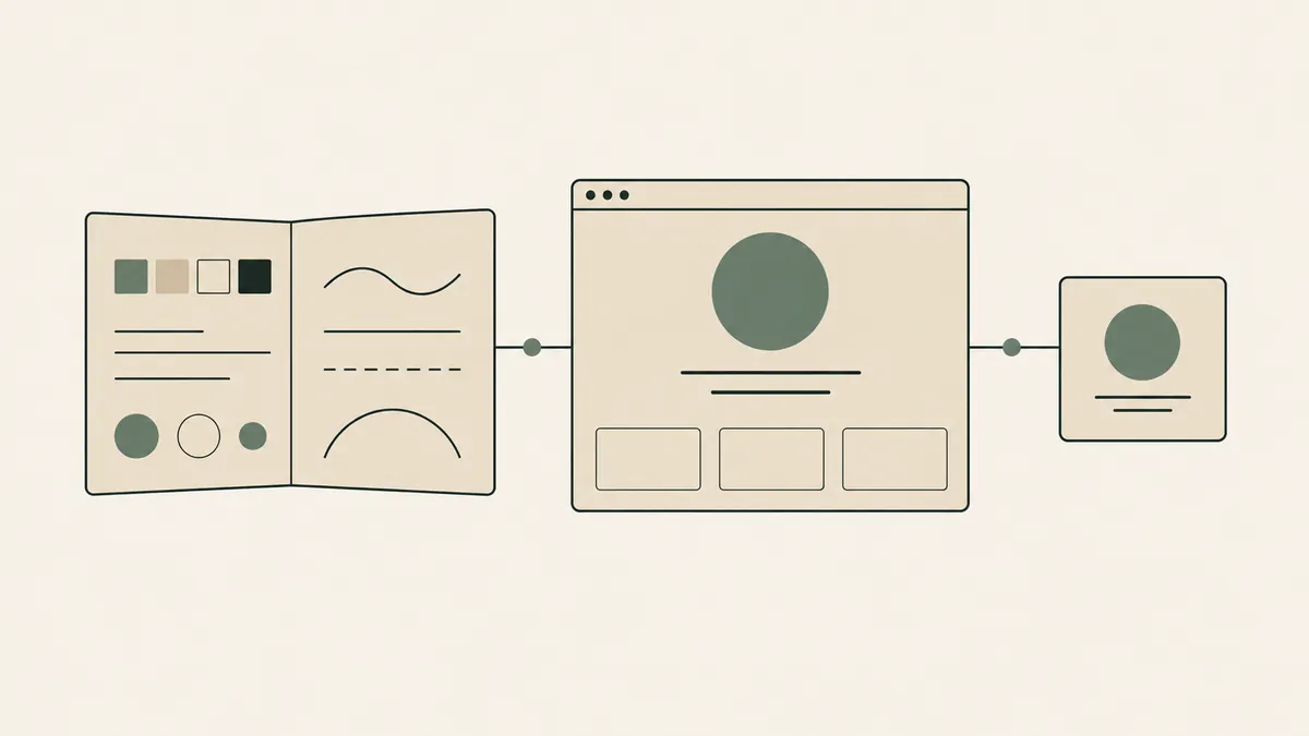 A brand guide, website and identity card share colors and shapes, illustrating cohesive therapy practice branding.