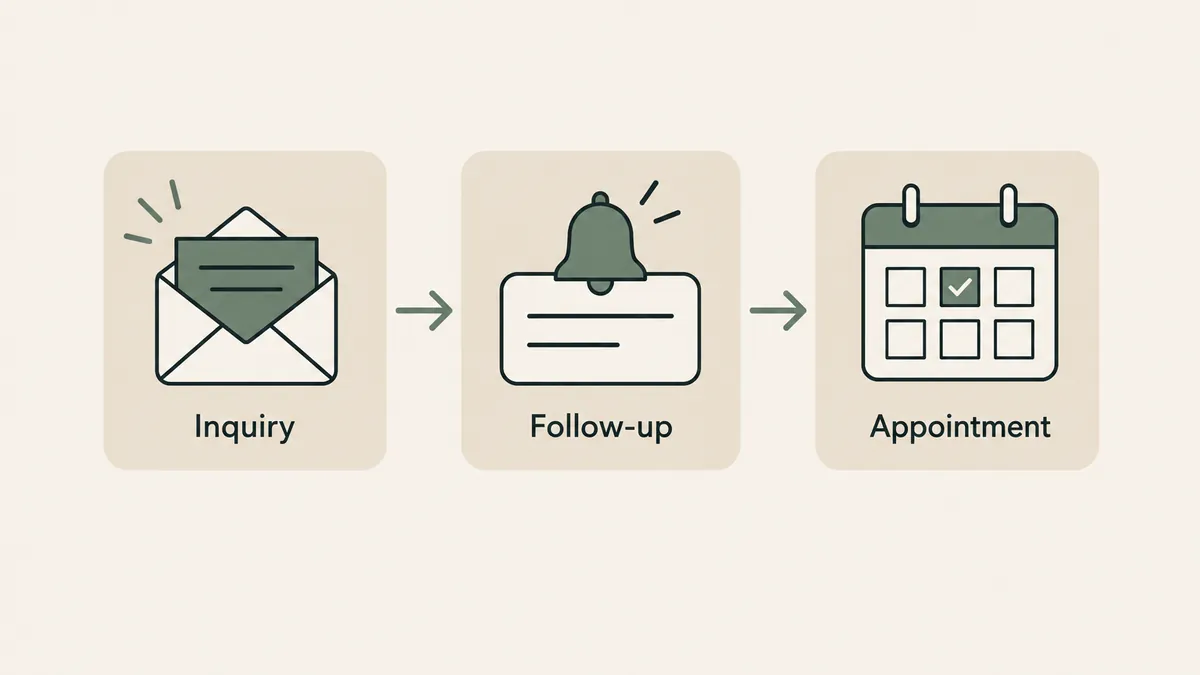 An inquiry envelope, follow-up reminder and booked calendar illustrate a therapy CRM communication flow