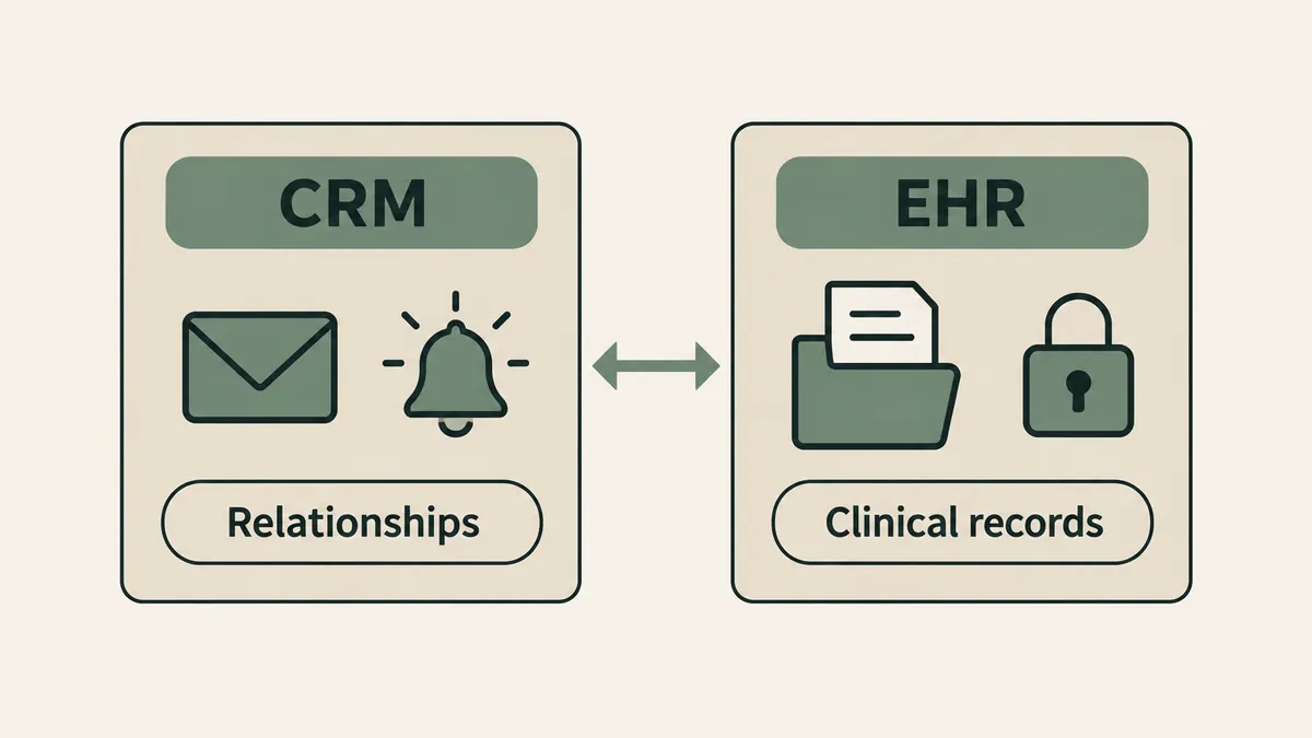 Two panels distinguish CRM relationship tools from EHR clinical records for managing a therapy practice