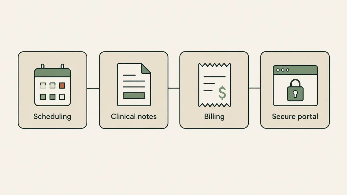 Calendar, notes, billing and secure portal cards show the connected features of therapist EHR software