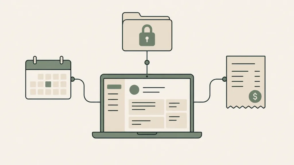 Records dashboard linked to a calendar, locked folder and receipt for therapist EHR practice management