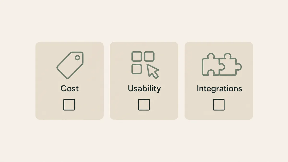 Cost, usability and integration checkboxes illustrate criteria for comparing therapist EHR systems