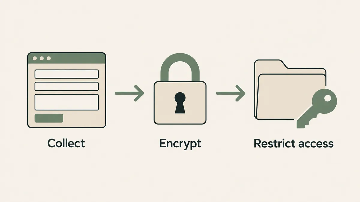 A form, lock and restricted folder show how secure therapist intake protects client information