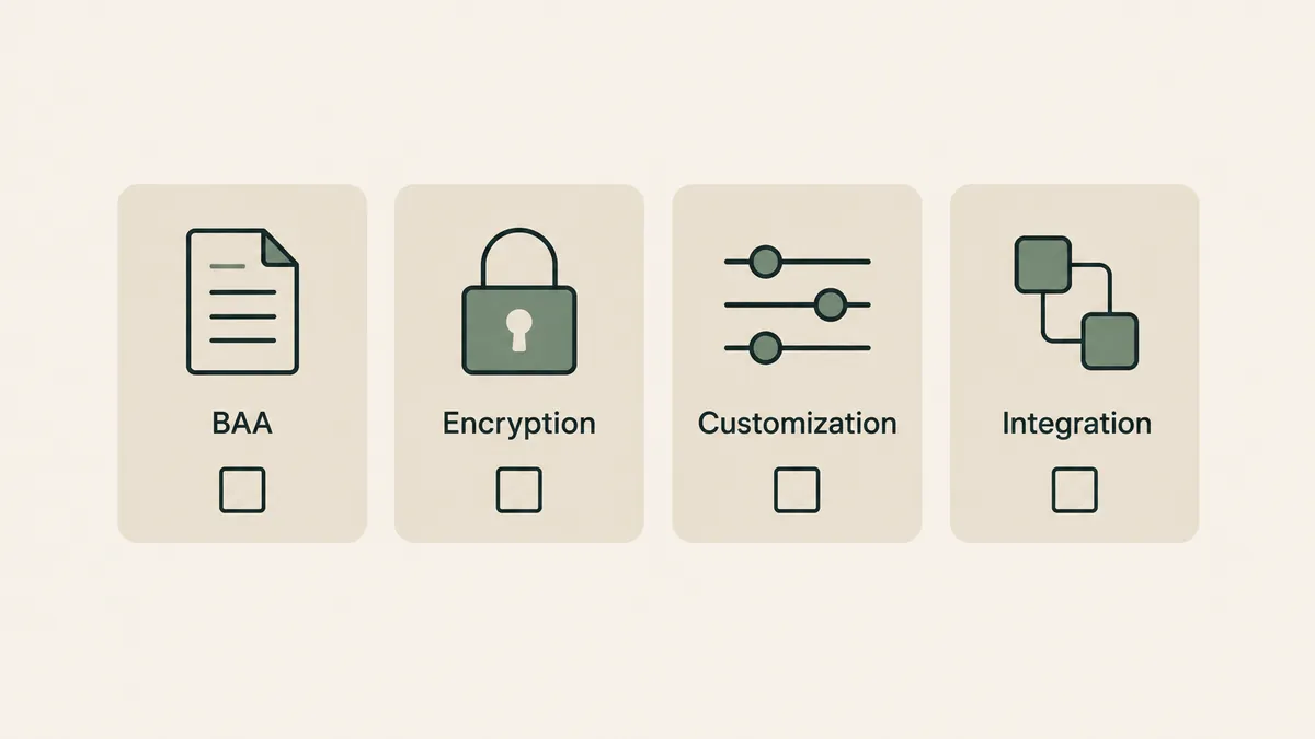 Four checklist cards show BAA, encryption, customization and integration criteria for secure form builders