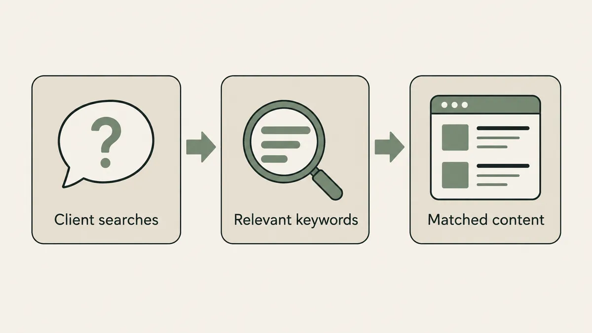 Client searches connect to relevant keywords and matched content, showing a therapist SEO planning sequence.
