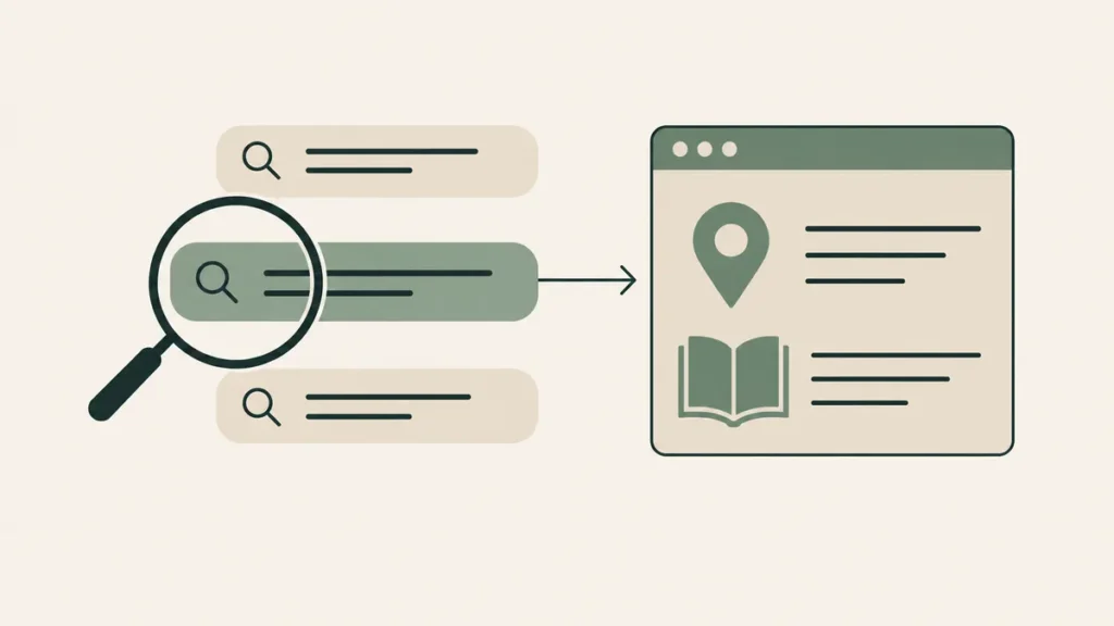 A magnifying glass selects a search phrase linked to a relevant webpage, illustrating therapist keyword targeting.